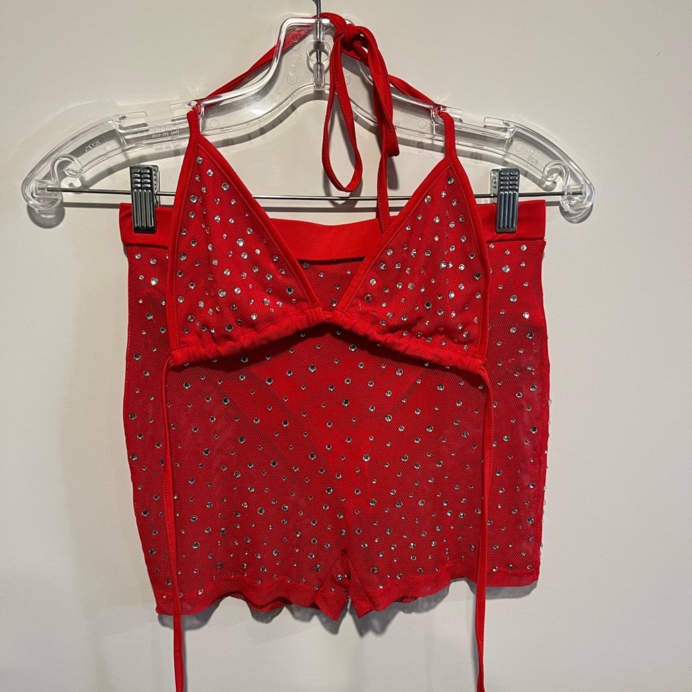 Red IHeartRaves Rhinestone Top & Short Set